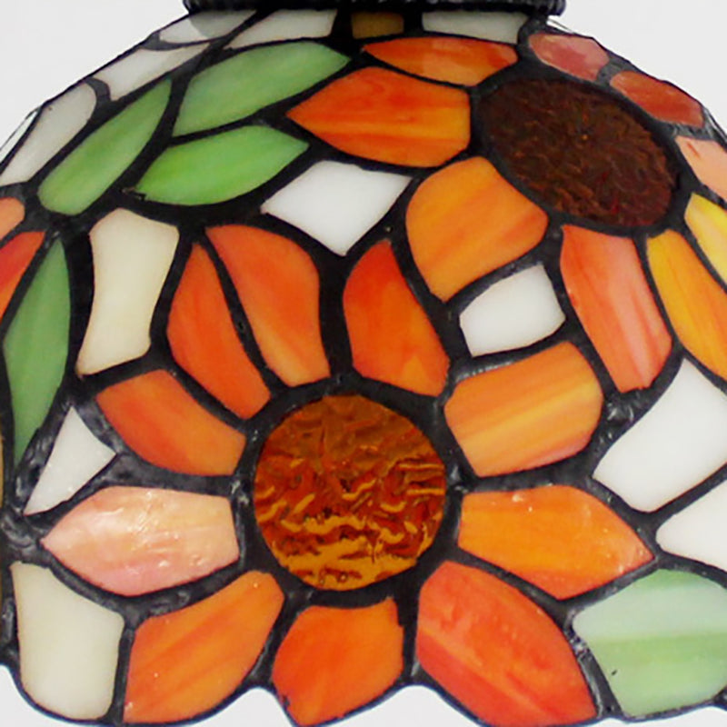 1 Head Tiffany Antique Glass Semi Flush Mount Ceiling Light in Orange for Hallway with Grid Dome Design and Decorative Patterns