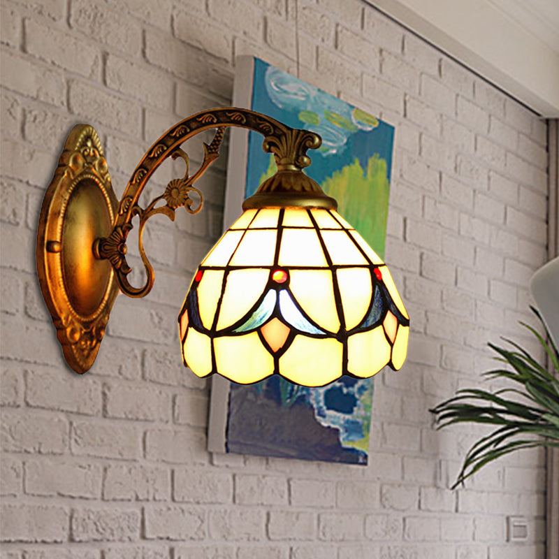 Retro Scalloped Wall Sconce Light: Stained Glass Bedroom Fixture With Tulip Pattern In Beige / No