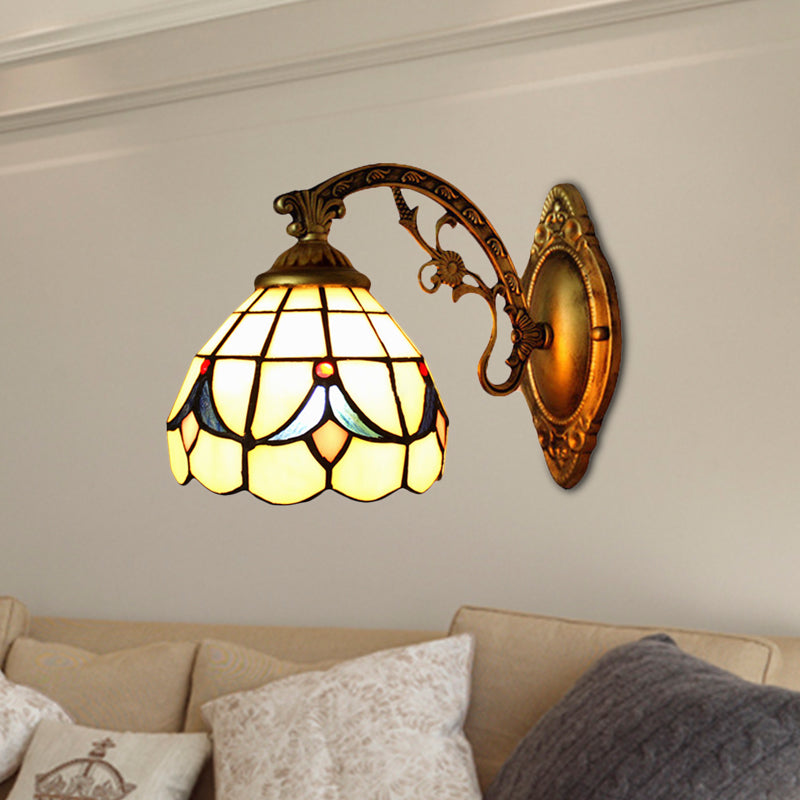 Retro Scalloped Wall Sconce Light: Stained Glass Bedroom Fixture With Tulip Pattern In Beige