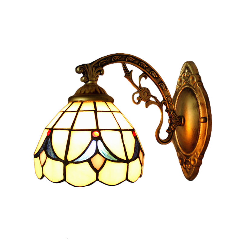 Retro Scalloped Wall Sconce Light: Stained Glass Bedroom Fixture With Tulip Pattern In Beige