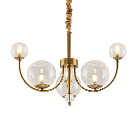 Arched Arm Chandelier With Elegant Metal Frame Globe Glass Shade Pendant Light For Living Room