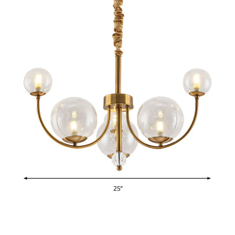 Arched Arm Chandelier With Elegant Metal Frame Globe Glass Shade Pendant Light For Living Room