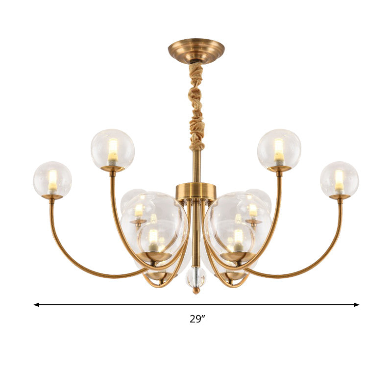 Arched Arm Chandelier With Elegant Metal Frame Globe Glass Shade Pendant Light For Living Room