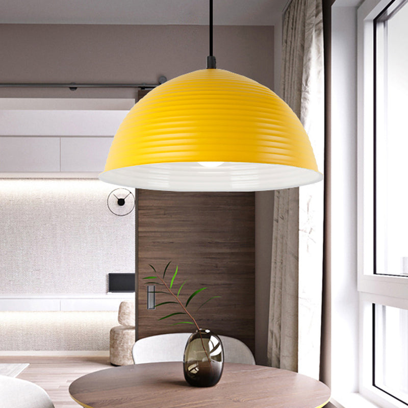 Industrial Grey/Yellow Hanging Lamp with Ribbed Dome Shade - 1 Light, 12"/16" Wide - Metal Indoor Ceiling Light