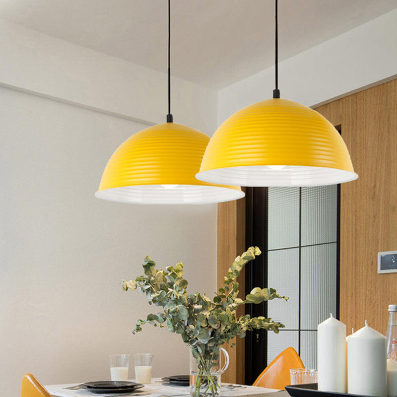 Industrial Grey/Yellow Hanging Lamp with Ribbed Dome Shade - 1 Light, 12"/16" Wide - Metal Indoor Ceiling Light