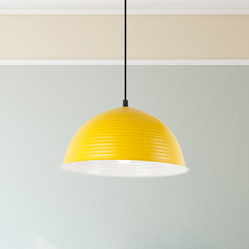 Industrial Grey/Yellow Hanging Lamp with Ribbed Dome Shade - 1 Light, 12"/16" Wide - Metal Indoor Ceiling Light