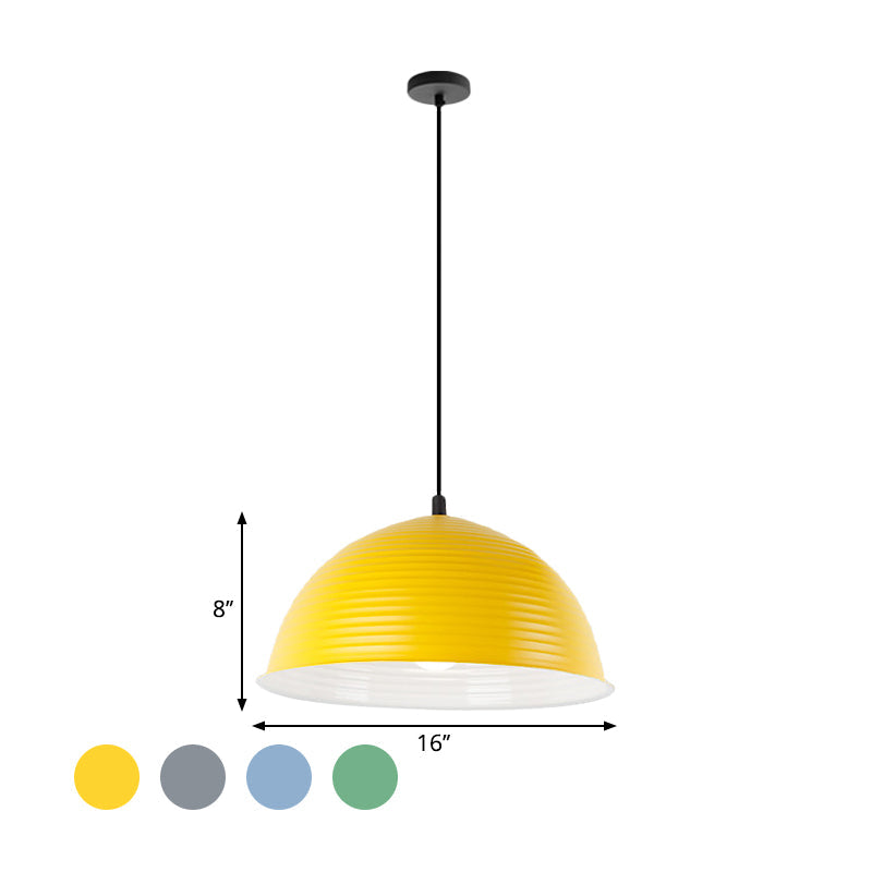 Industrial Grey/Yellow Hanging Lamp with Ribbed Dome Shade - 1 Light, 12"/16" Wide - Metal Indoor Ceiling Light