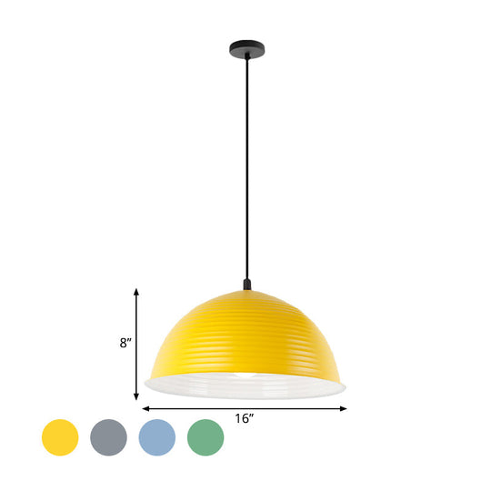 Industrial Grey/Yellow Hanging Lamp with Ribbed Dome Shade - 1 Light, 12"/16" Wide - Metal Indoor Ceiling Light