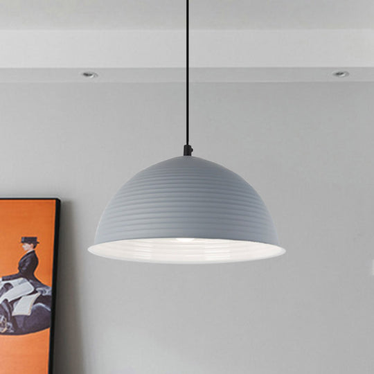 Industrial Grey/Yellow Hanging Lamp with Ribbed Dome Shade - 1 Light, 12"/16" Wide - Metal Indoor Ceiling Light