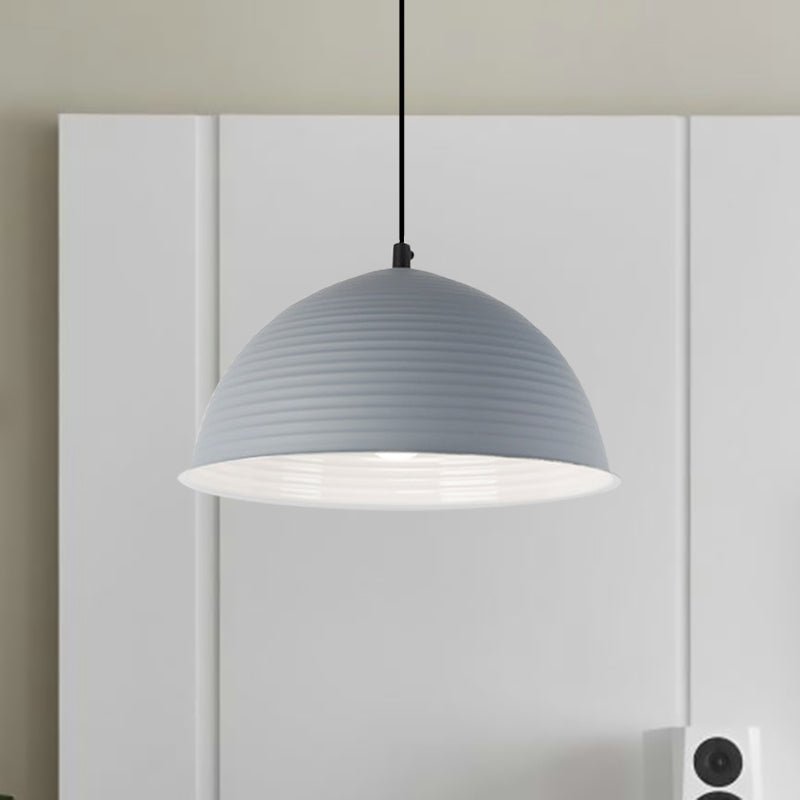 Industrial Grey/Yellow Hanging Lamp with Ribbed Dome Shade - 1 Light, 12"/16" Wide - Metal Indoor Ceiling Light