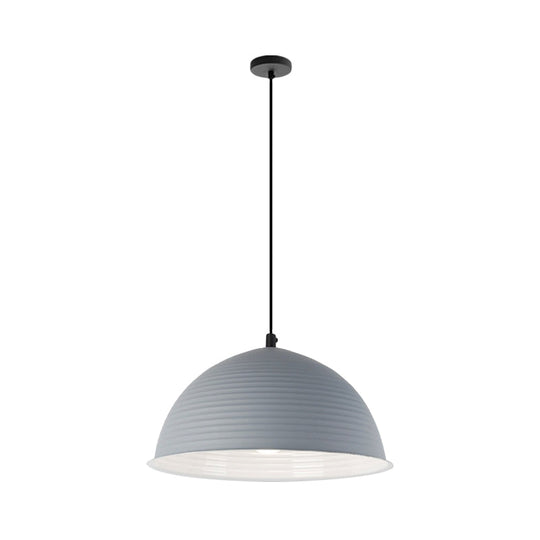 Industrial Grey/Yellow Hanging Lamp with Ribbed Dome Shade - 1 Light, 12"/16" Wide - Metal Indoor Ceiling Light