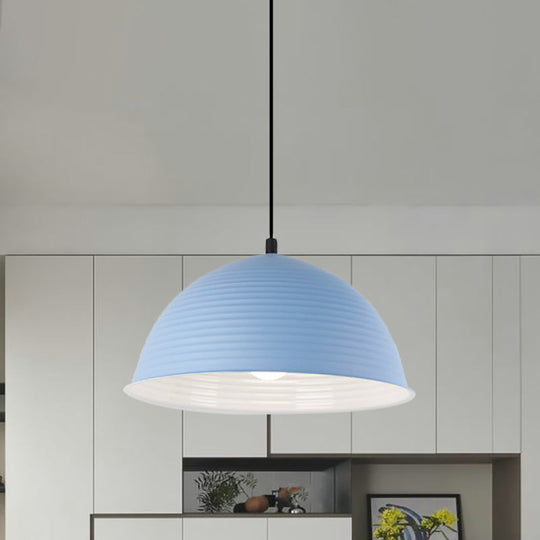 Industrial Grey/Yellow Hanging Lamp with Ribbed Dome Shade - 1 Light, 12"/16" Wide - Metal Indoor Ceiling Light