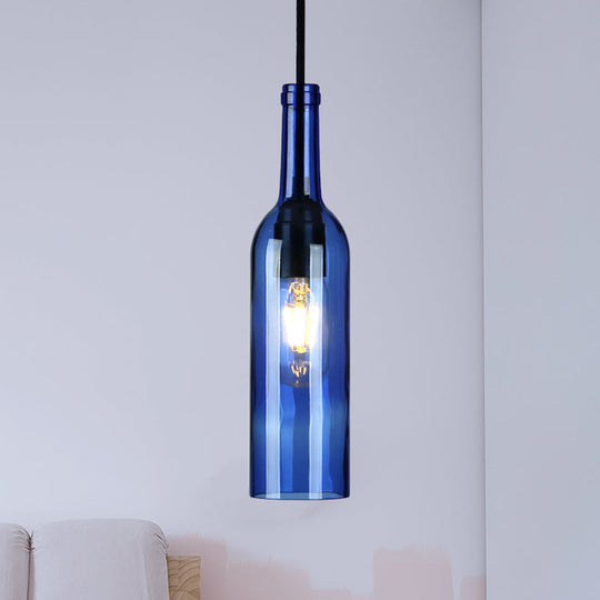 Vintage Industrial Hanging Pendant Light with Wine Bottle Shade - Glass Brown/Blue, 1 Light