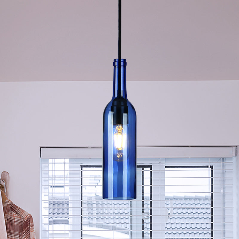 Vintage Industrial Hanging Pendant Light with Wine Bottle Shade - Glass Brown/Blue, 1 Light