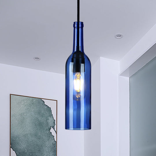 Vintage Industrial Hanging Pendant Light with Wine Bottle Shade - Glass Brown/Blue, 1 Light