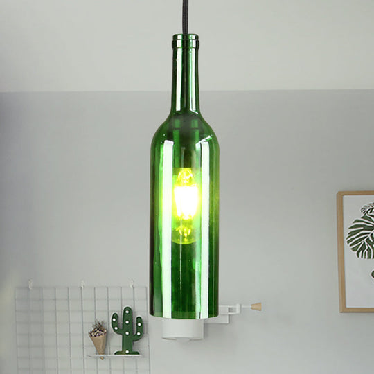 Vintage Industrial Hanging Pendant Light with Wine Bottle Shade - Glass Brown/Blue, 1 Light