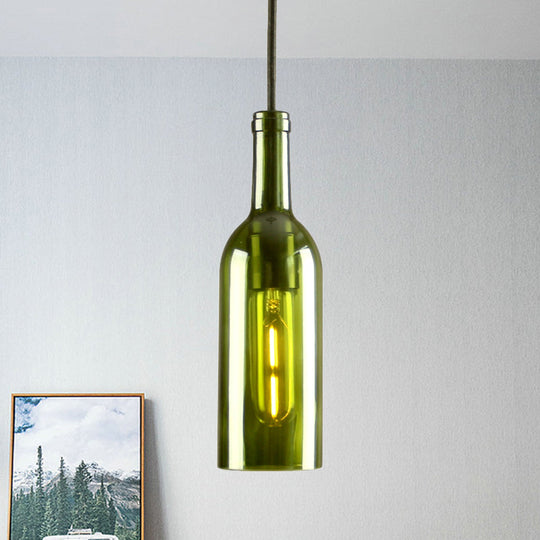 Vintage Industrial Hanging Pendant Light with Wine Bottle Shade - Glass Brown/Blue, 1 Light