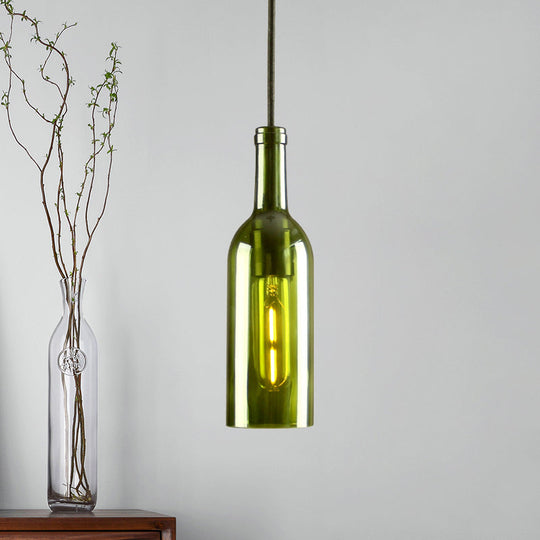 Vintage Industrial Hanging Pendant Light with Wine Bottle Shade - Glass Brown/Blue, 1 Light