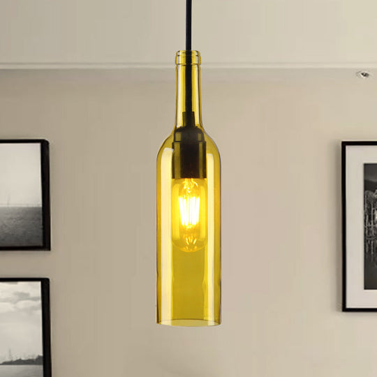 Industrial Glass 1-Head Hanging Lamp with Red/Yellow Bottle Shade for Dining Room