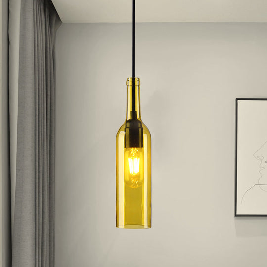 Industrial Glass 1-Head Hanging Lamp with Red/Yellow Bottle Shade for Dining Room