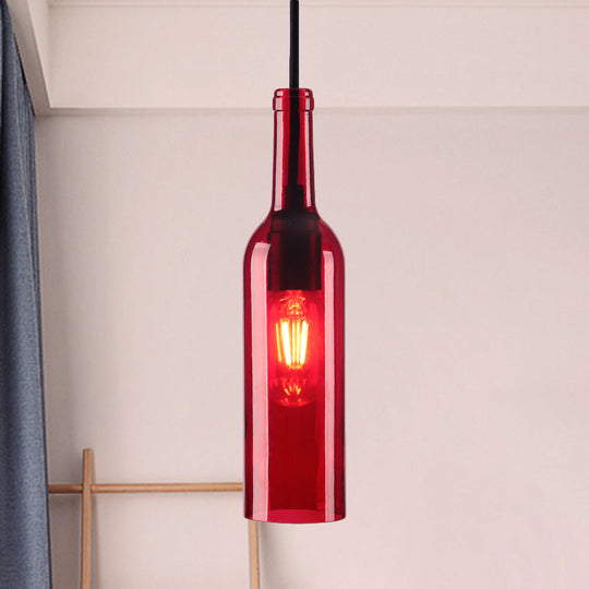 Industrial Glass 1-Head Hanging Lamp with Red/Yellow Bottle Shade for Dining Room