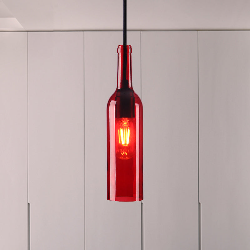 Industrial Glass 1-Head Hanging Lamp with Red/Yellow Bottle Shade for Dining Room