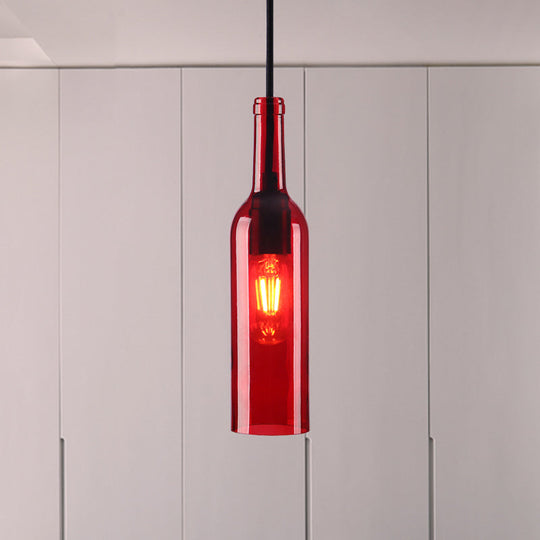 Industrial Glass 1-Head Hanging Lamp with Red/Yellow Bottle Shade for Dining Room