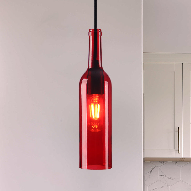 Industrial Glass 1-Head Hanging Lamp with Red/Yellow Bottle Shade for Dining Room