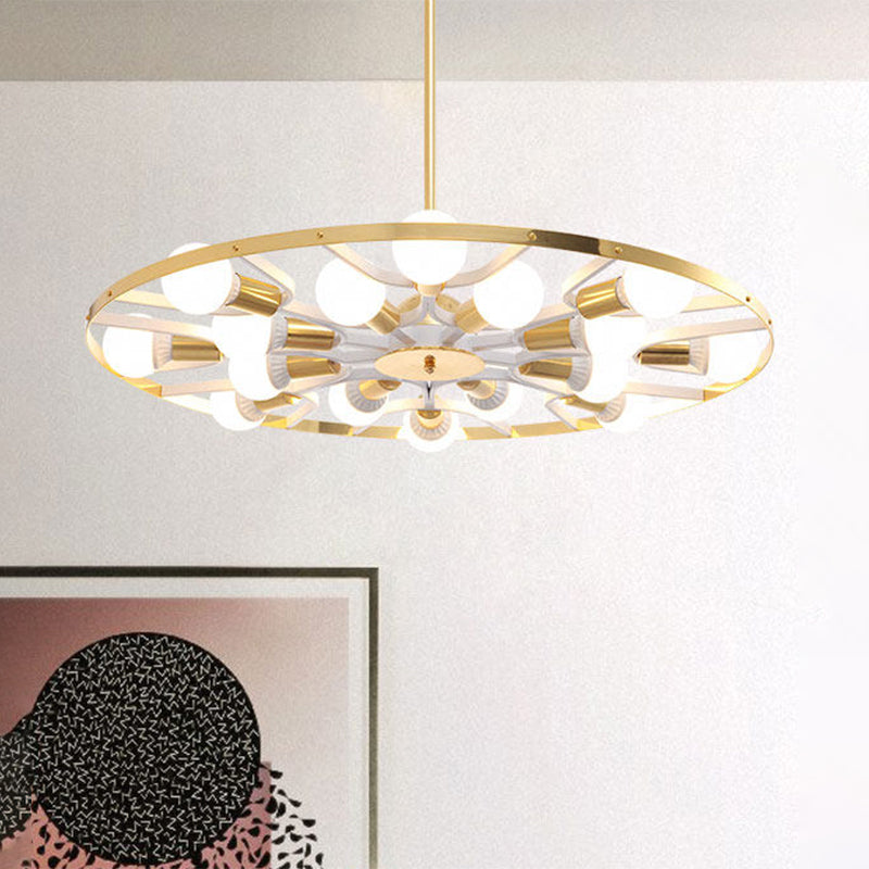 Modern Gold Ring Chandelier - 16-Light Metallic Bare Bulb Ceiling Fixture