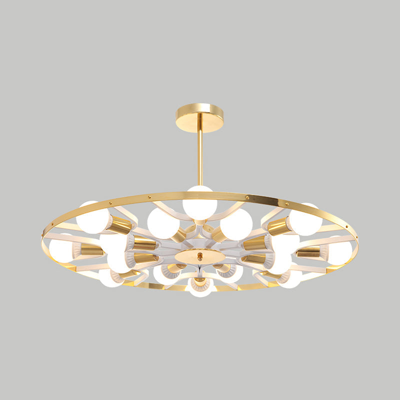 Modern Gold Ring Chandelier - 16-Light Metallic Bare Bulb Ceiling Fixture