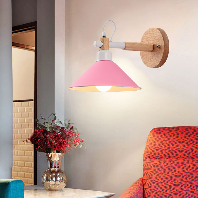 Nordic Style Single Head Metal Funnel Wall Sconce Light For Restaurant & Bedroom Pink