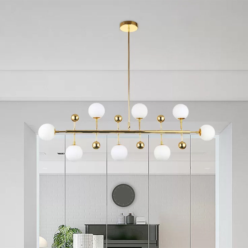 Modern Gold Hotel Linear Chandelier - Opal Glass 8 Lights Ceiling Pendant