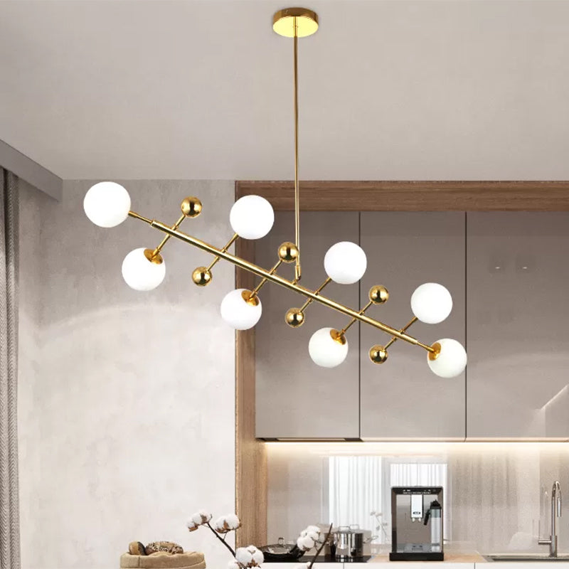 Modern Gold Hotel Linear Chandelier - Opal Glass 8 Lights Ceiling Pendant