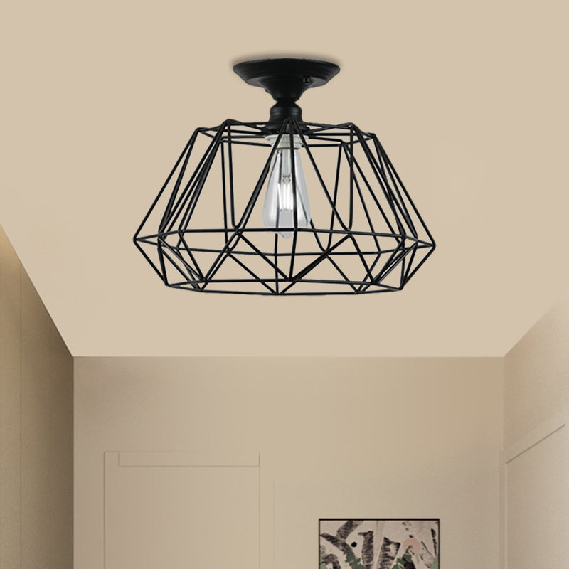 Black Metallic Cage Diamond Ceiling Light Fixture for Corridor - Loft Industrial Style, Close to Ceiling Light