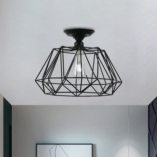 Black Metallic Cage Diamond Ceiling Light Fixture for Corridor - Loft Industrial Style, Close to Ceiling Light