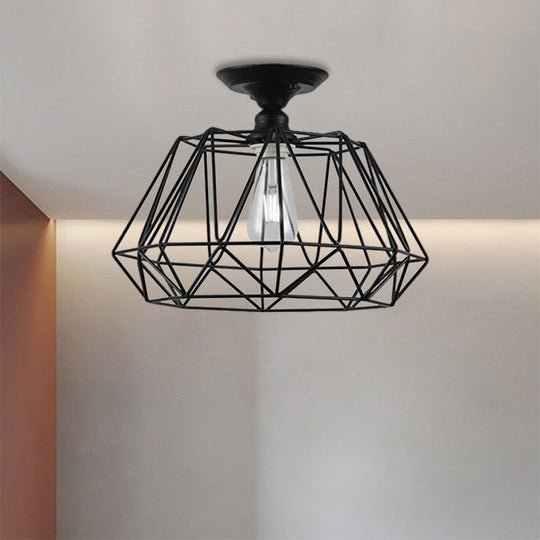 Black Metallic Cage Diamond Ceiling Light Fixture for Corridor - Loft Industrial Style, Close to Ceiling Light