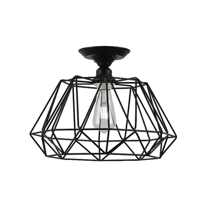 Black Metallic Cage Diamond Ceiling Light Fixture for Corridor - Loft Industrial Style, Close to Ceiling Light