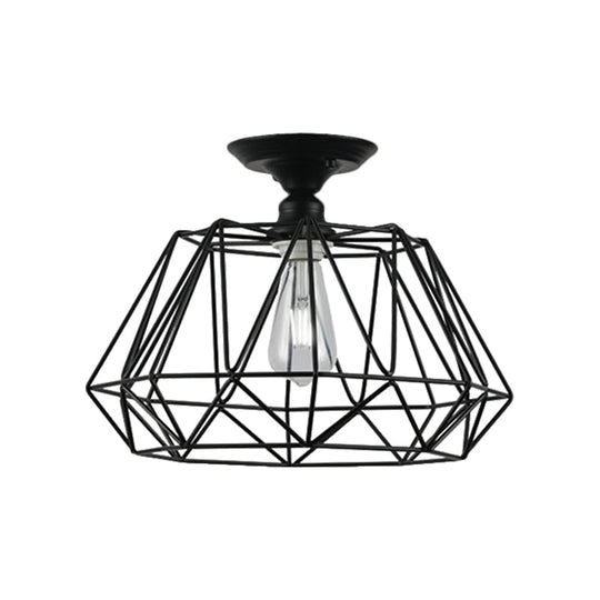 Black Metallic Cage Diamond Ceiling Light Fixture for Corridor - Loft Industrial Style, Close to Ceiling Light