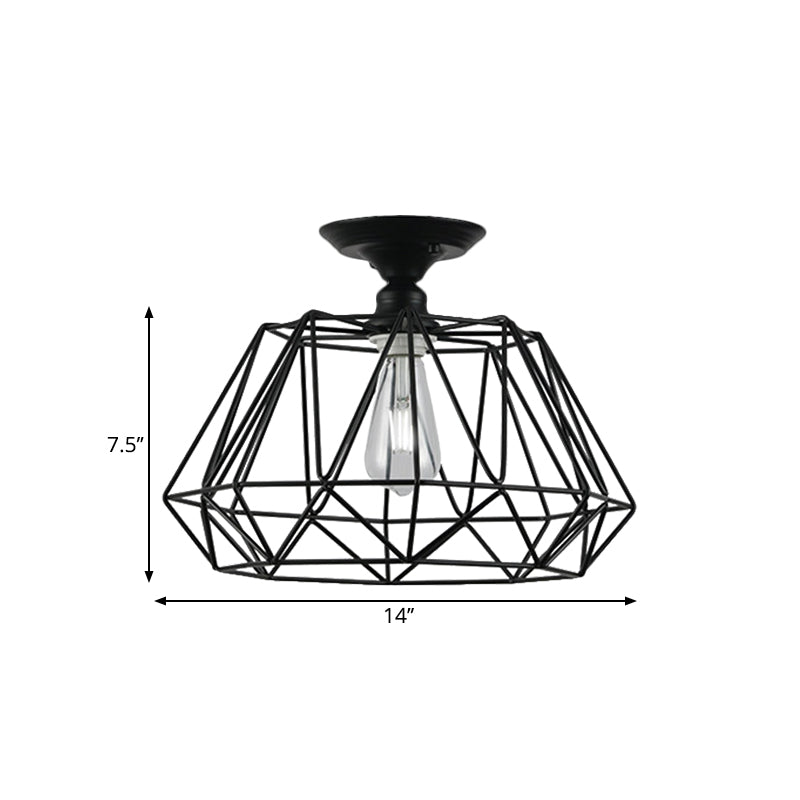 Black Metallic Cage Diamond Ceiling Light Fixture for Corridor - Loft Industrial Style, Close to Ceiling Light