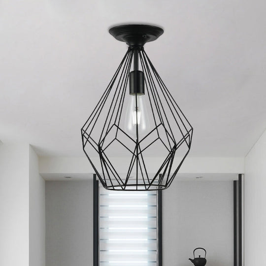 Black Metallic Cage Diamond Ceiling Light Fixture for Corridor - Loft Industrial Style, Close to Ceiling Light