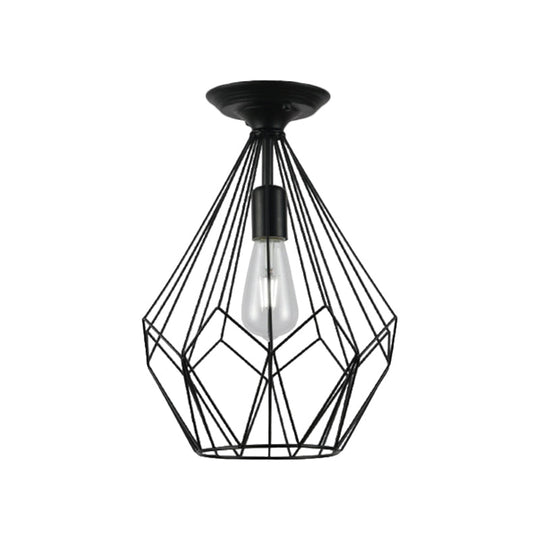 Black Metallic Cage Diamond Ceiling Light Fixture for Corridor - Loft Industrial Style, Close to Ceiling Light