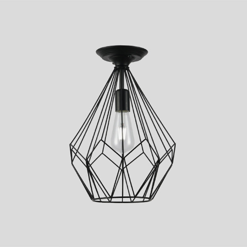 Black Metallic Cage Diamond Ceiling Light Fixture for Corridor - Loft Industrial Style, Close to Ceiling Light