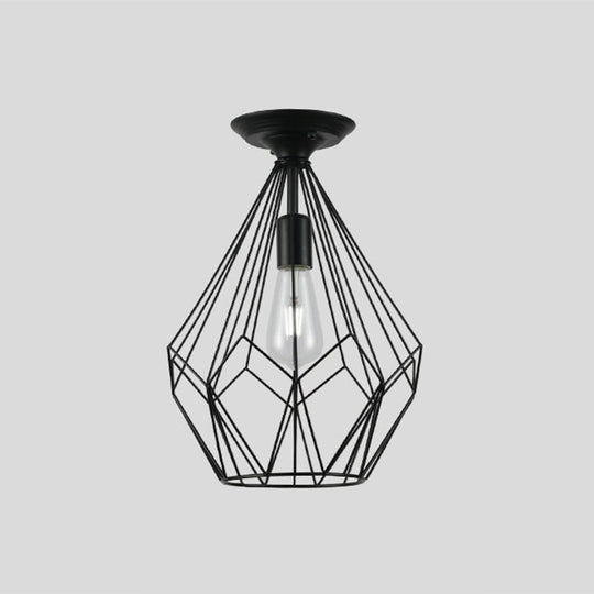 Black Metallic Cage Diamond Ceiling Light Fixture for Corridor - Loft Industrial Style, Close to Ceiling Light