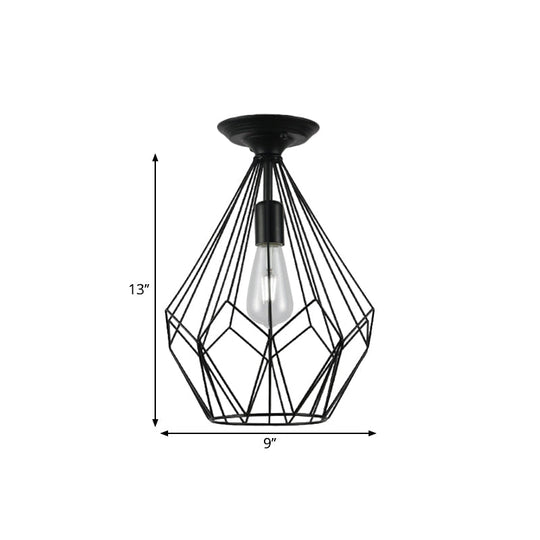 Black Metallic Cage Diamond Ceiling Light Fixture for Corridor - Loft Industrial Style, Close to Ceiling Light