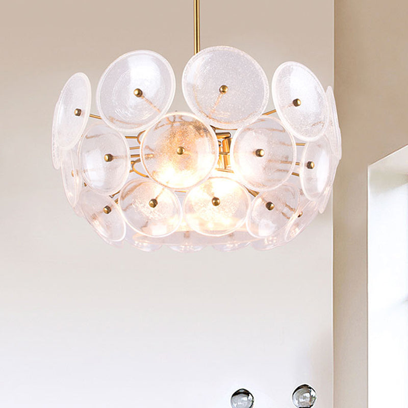 Modern Gold Finish Hanging Chandelier With Clear Glass Discs Triple Light Pendant Lamp