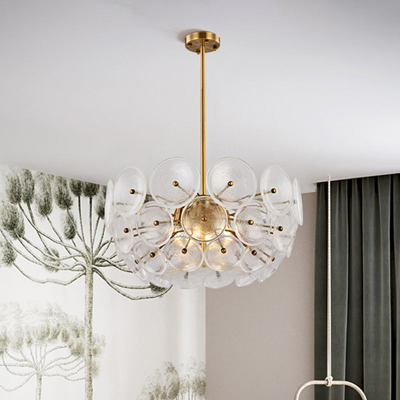 Modern Gold Finish Hanging Chandelier With Clear Glass Discs Triple Light Pendant Lamp