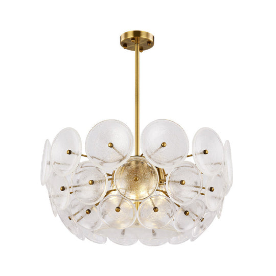 Modern Gold Finish Hanging Chandelier With Clear Glass Discs Triple Light Pendant Lamp