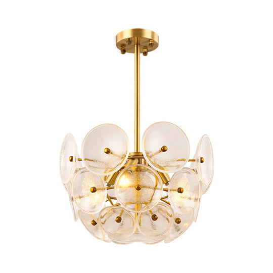 Modern Gold Finish Hanging Chandelier With Clear Glass Discs Triple Light Pendant Lamp