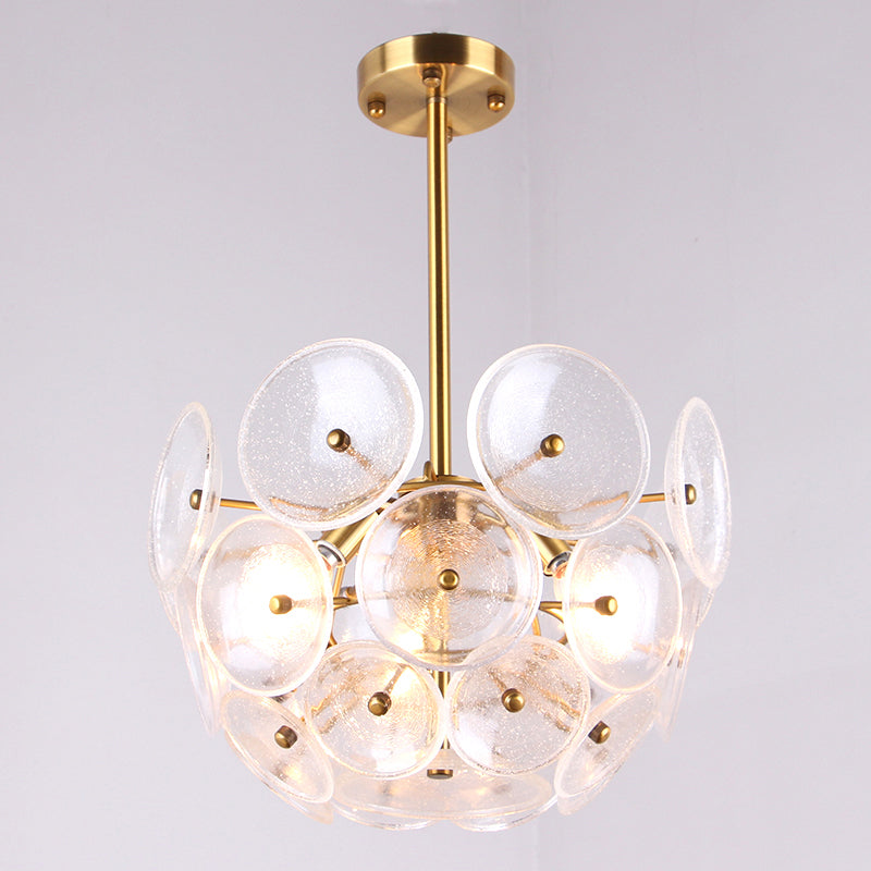 Modern Gold Finish Hanging Chandelier With Clear Glass Discs Triple Light Pendant Lamp