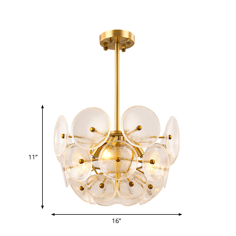 Modern Gold Finish Hanging Chandelier With Clear Glass Discs Triple Light Pendant Lamp